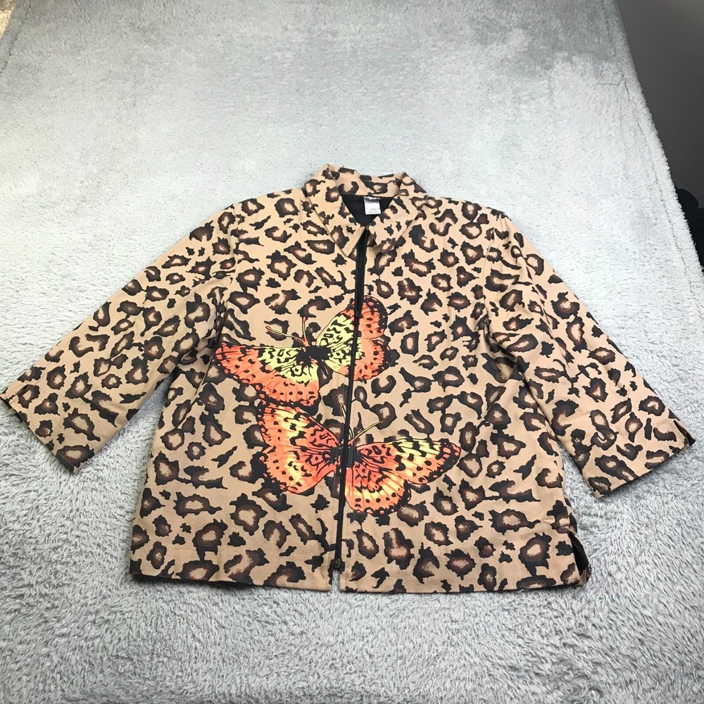 Ali‎ Miles Jacket Womens L Leopard Print Canvas Butterfly Graphic Zip Up Coat